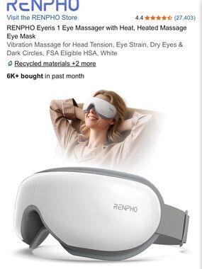 RENPHO White Heated Eye Massager with Adjustable Strap